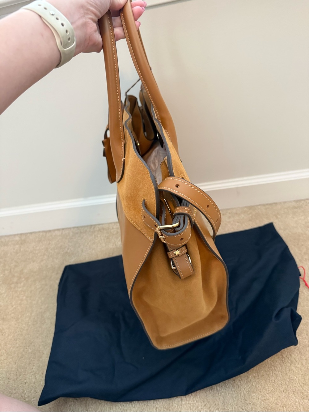 NWT Boldrini Selleria Italian Leather & Suede Satchel Tote Bag in Cognac/Tan - Picture 2 of 7
